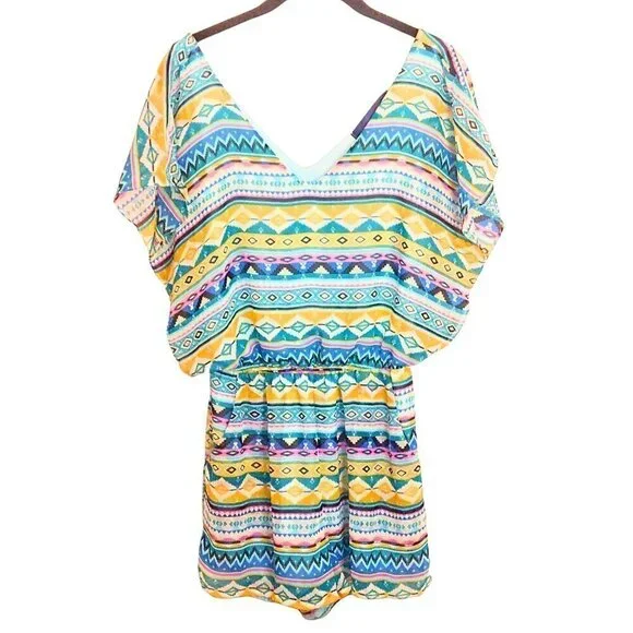 FRANCESCA'S COLLECTIONS BLUE YELLOW AND PINK BOHEMIAN GEO PRINT ROMPER - Picture 1 of 3
